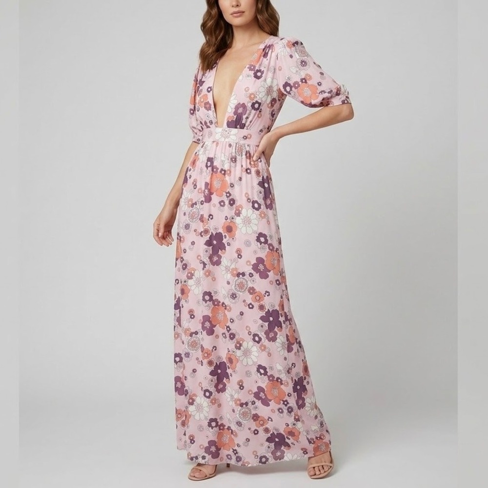 For Love & Lemons Magnolia Pink Blossom Floral Deep V Open Back Maxi Dress Large